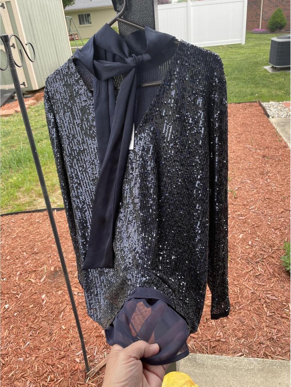 Ann Taylor Sequin Tie Neck Blouse. DARK NAVY. Size XL